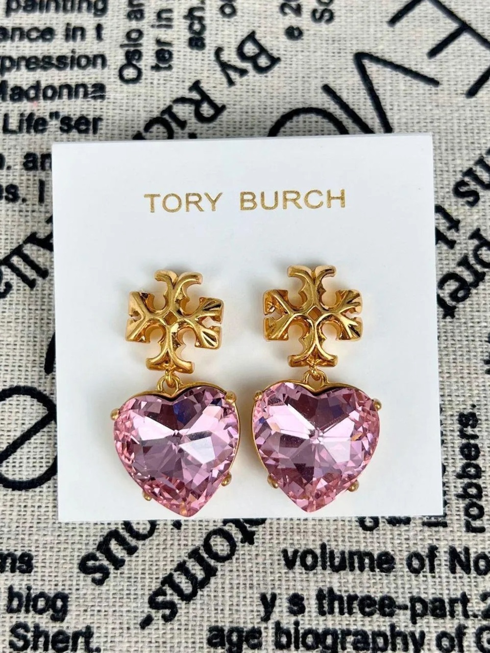 Tory Burch Gold Logo Drop Earrings with Pink Heart Crystals